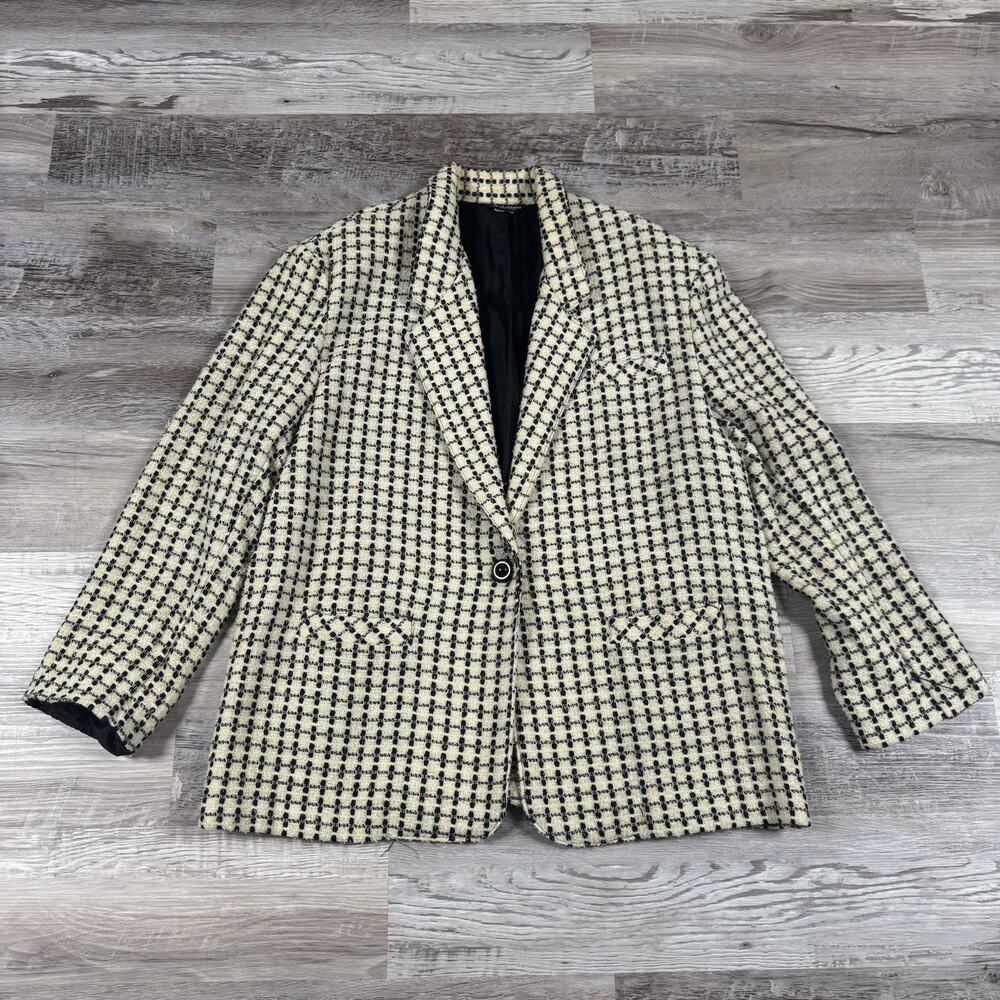 Vintage 90s Boucle Wool Oversized Longline Blazer Cream Black Office Siren L